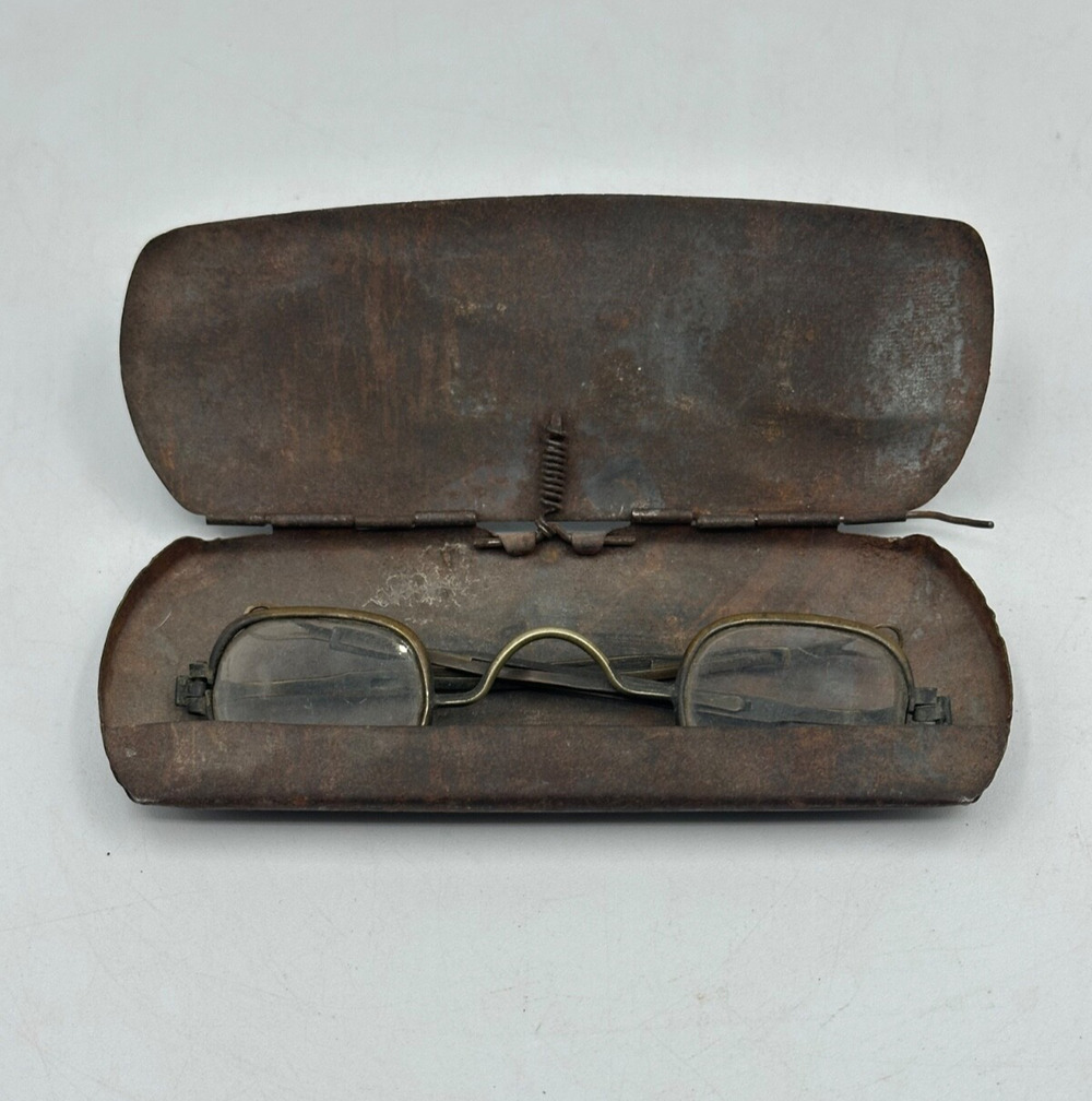 Antique Spectacles Eyeglasses Telescoping Temples Metal Case 1800s 1900s